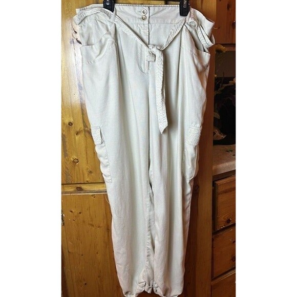 Chicos Pants Size 2 Tencel Tan Ivory Tie Waist Pocket Rolled Ankle - Picture 5 of 5